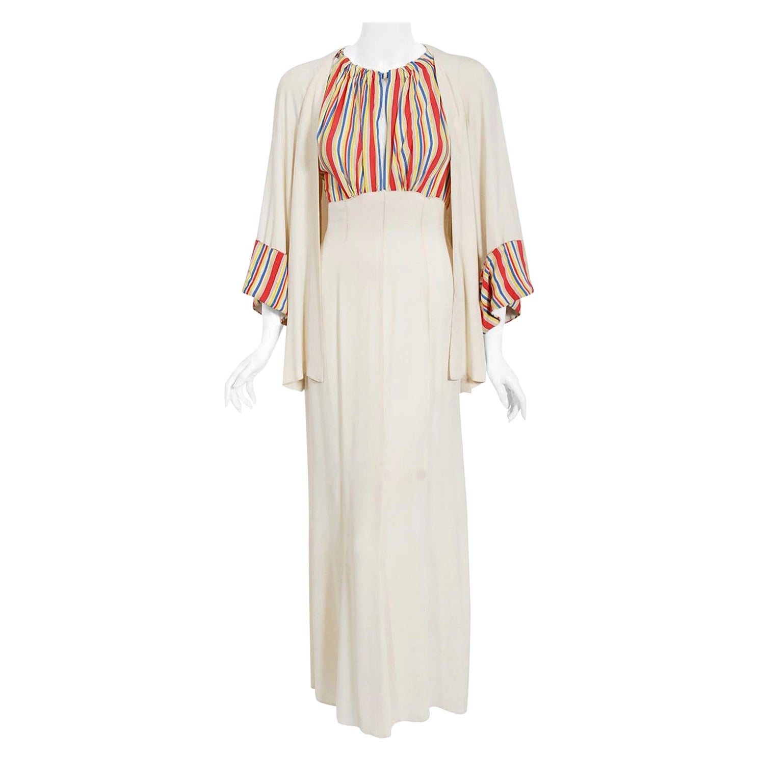 Vintage 1930's Cartwright Ivory Striped Silk Rayon Cut-Out Maxi Dress & Jacket