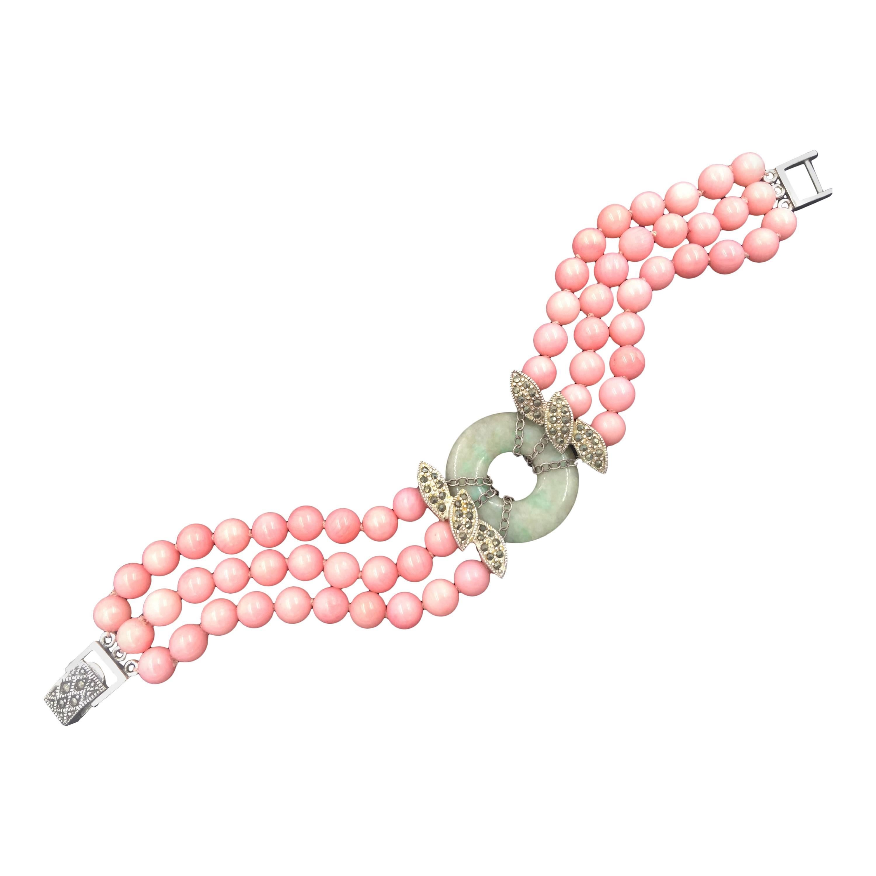 Coral Jade and Marcasite Sterling Silver Bracelet.  Art Deco Style.