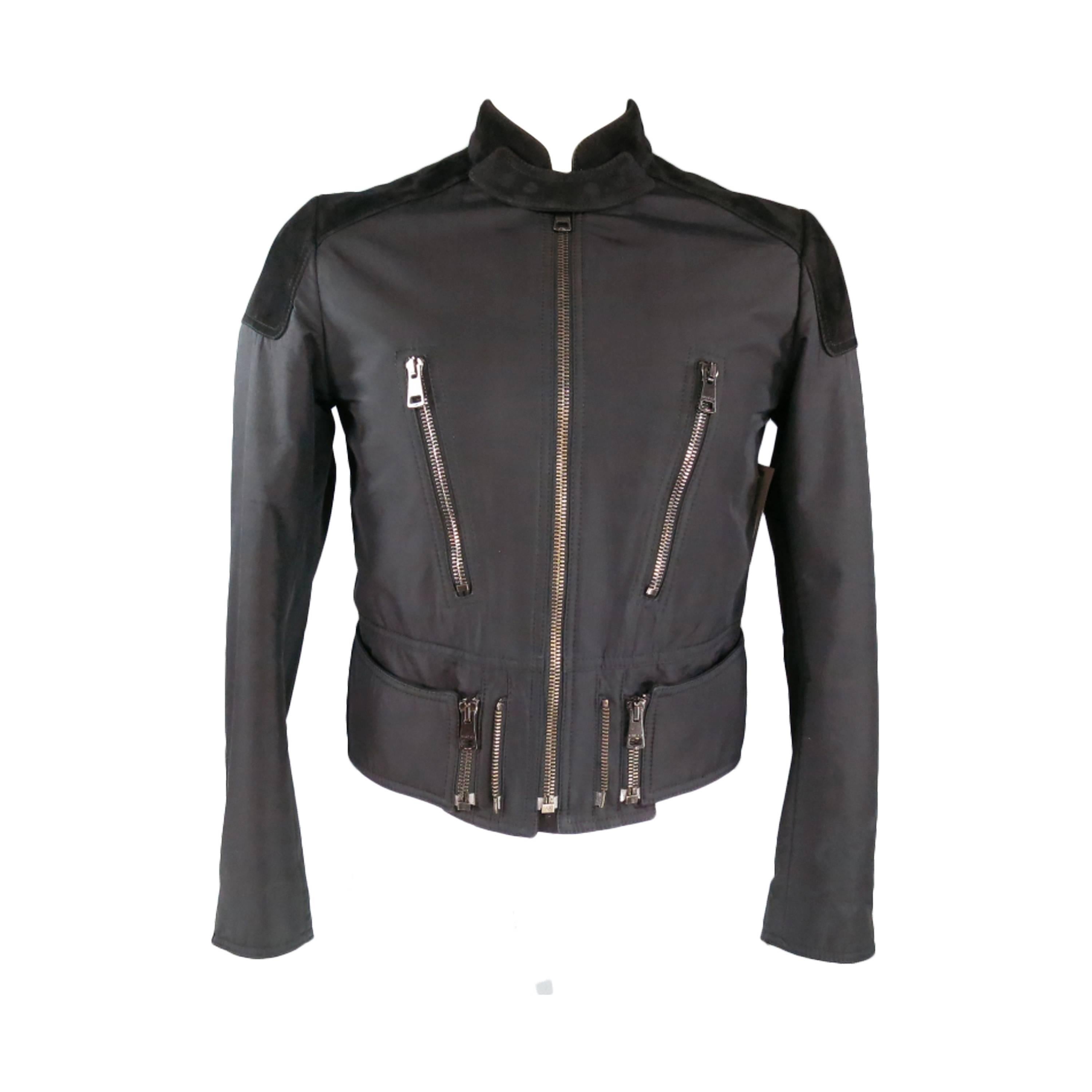 GUCCI 38 Black Nylon Suede Detail Motorcycle Zip Jacket
