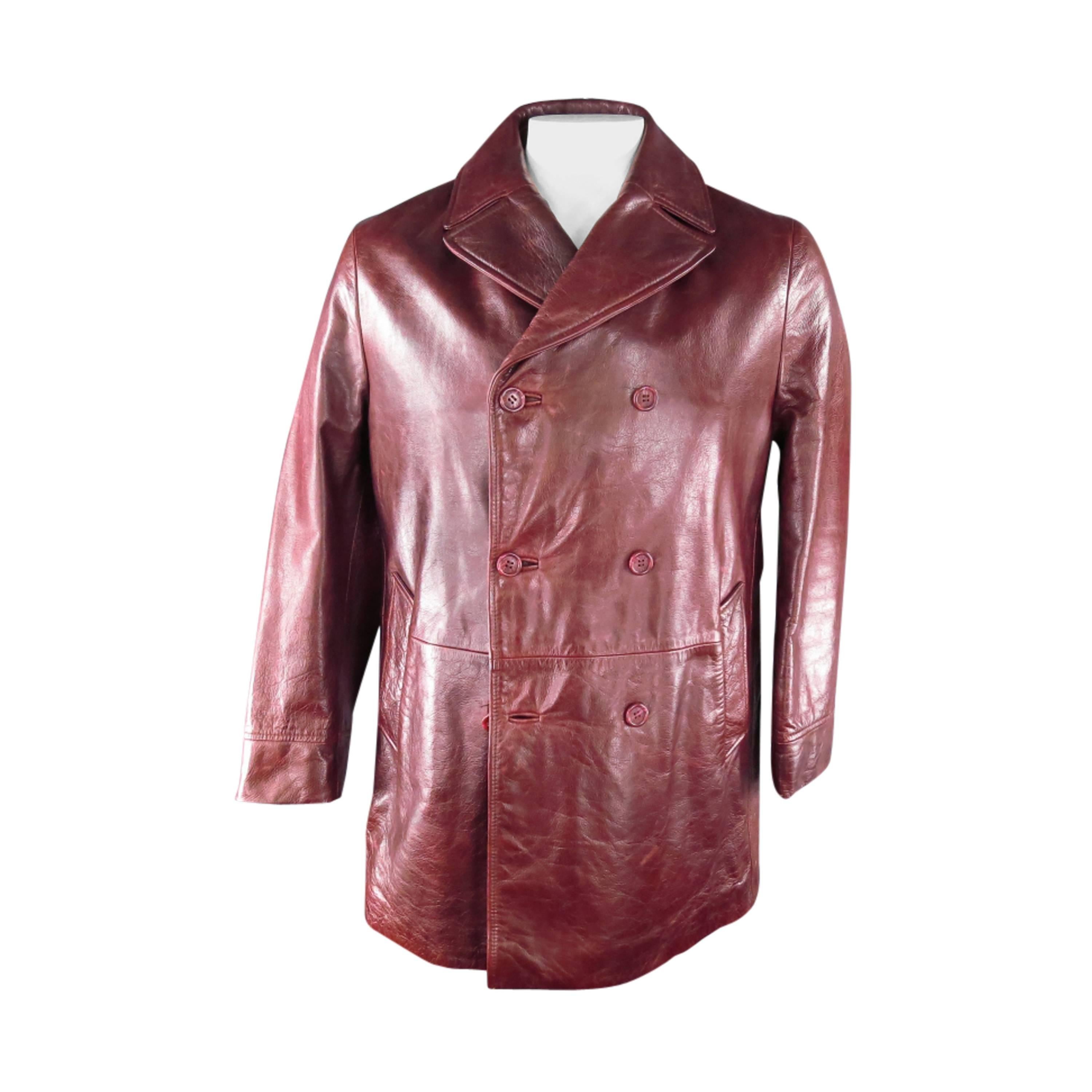 DOLCE & GABBANA Men's 38 Burgundy Leather Double Breasted Pea Coat Jacket