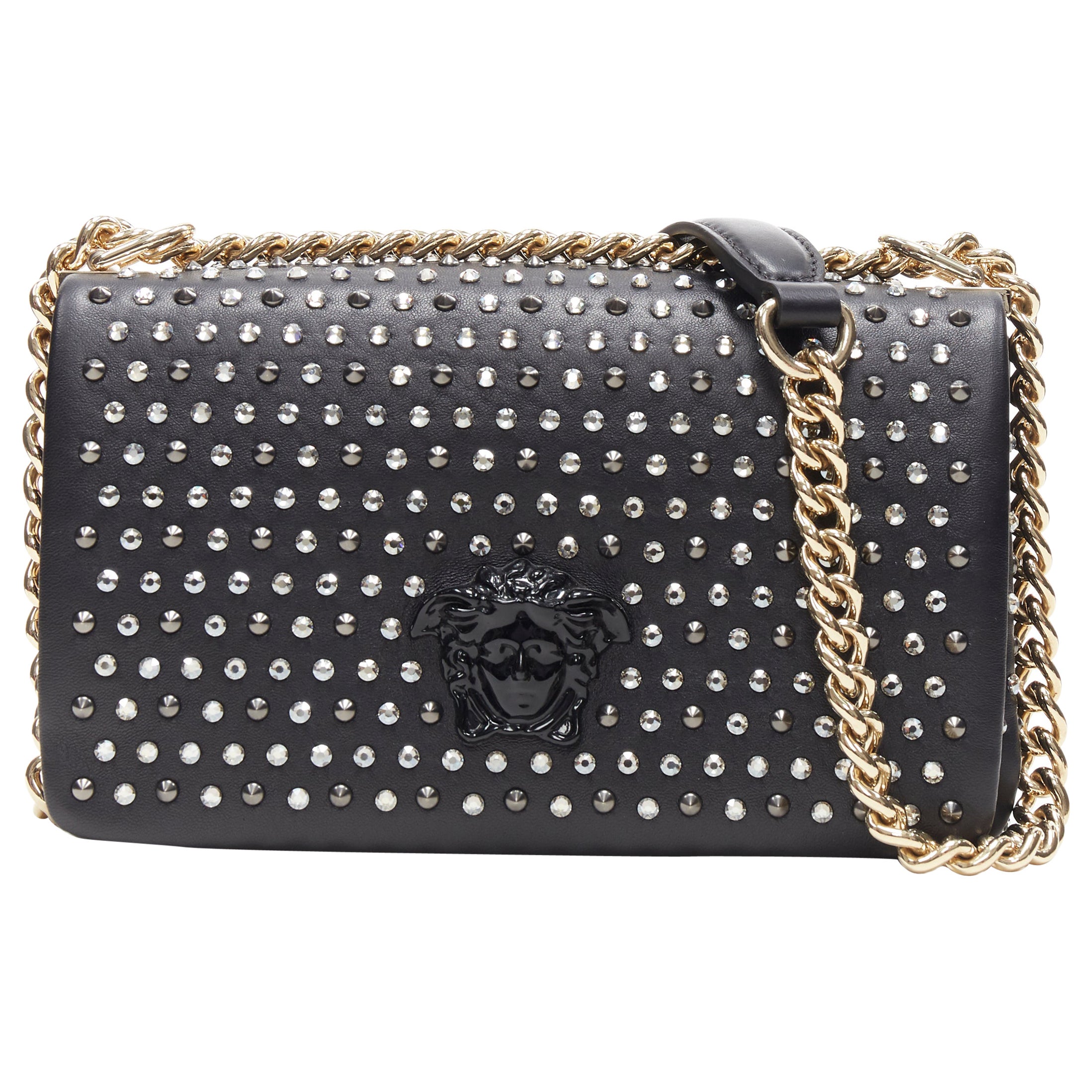 new VERSACE runway black quilted lamb leather gold Medusa long