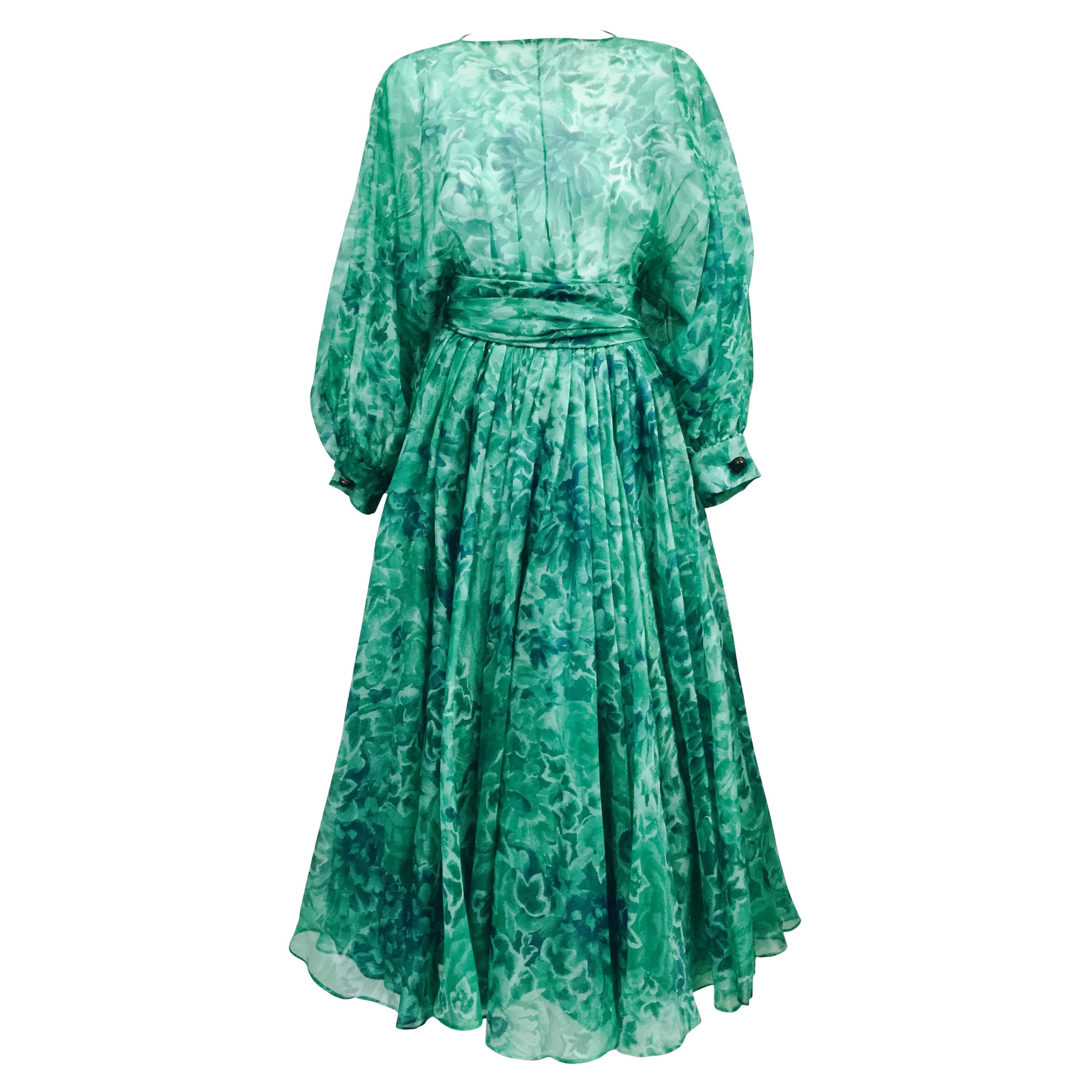 Custom Nina Ricci Paris Green Floral All Silk Day Dress 