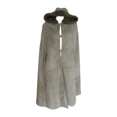 Vintage Green hooded Suede Shearling Fur Cape