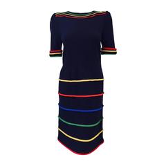 Vintage Adolfo Short Sleeve Navy Wool Blend Day Dress With Primary Color Bands 1