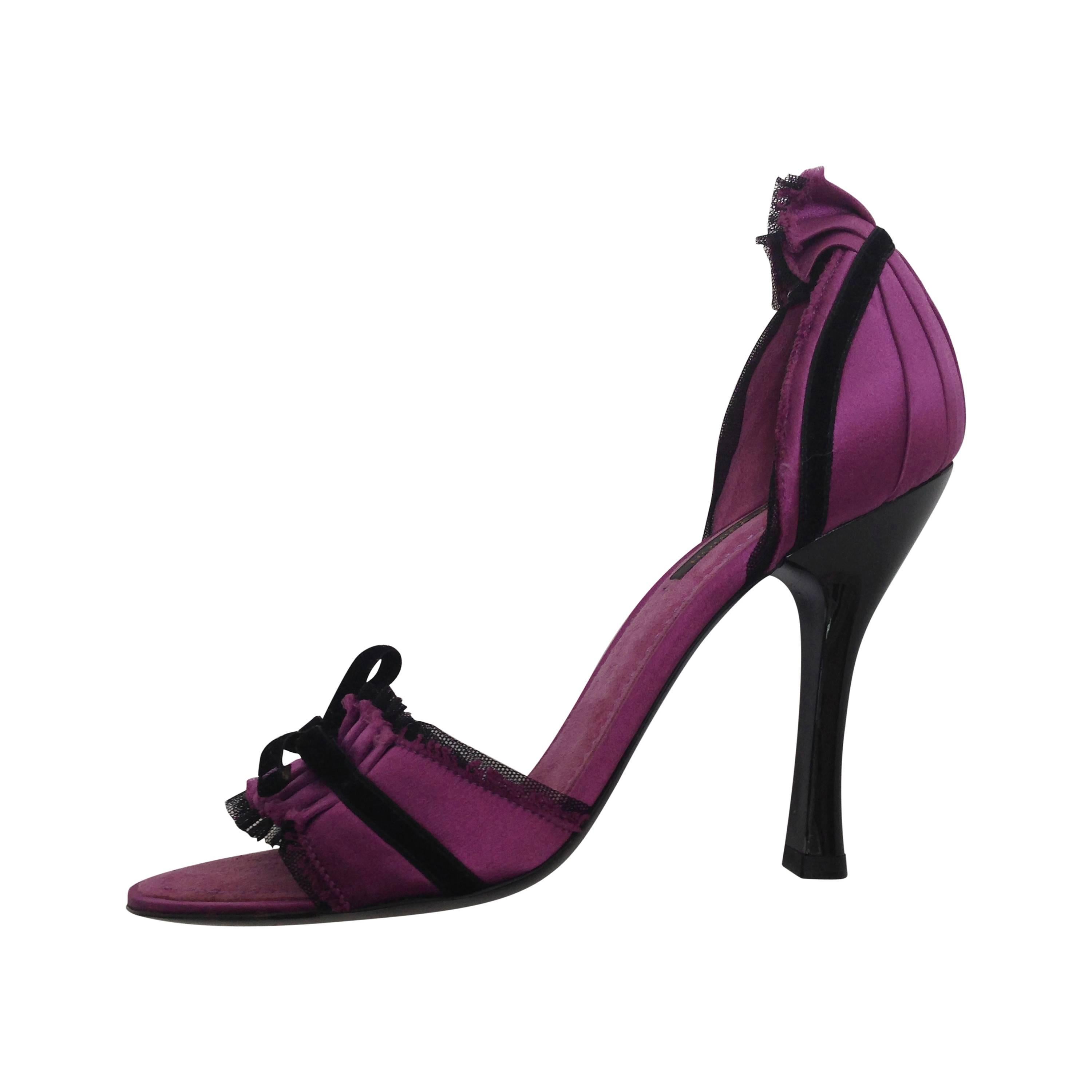 Louis Vuitton Balmoral Purple Satin & Black Velvet D'Orsay Heels 37.5