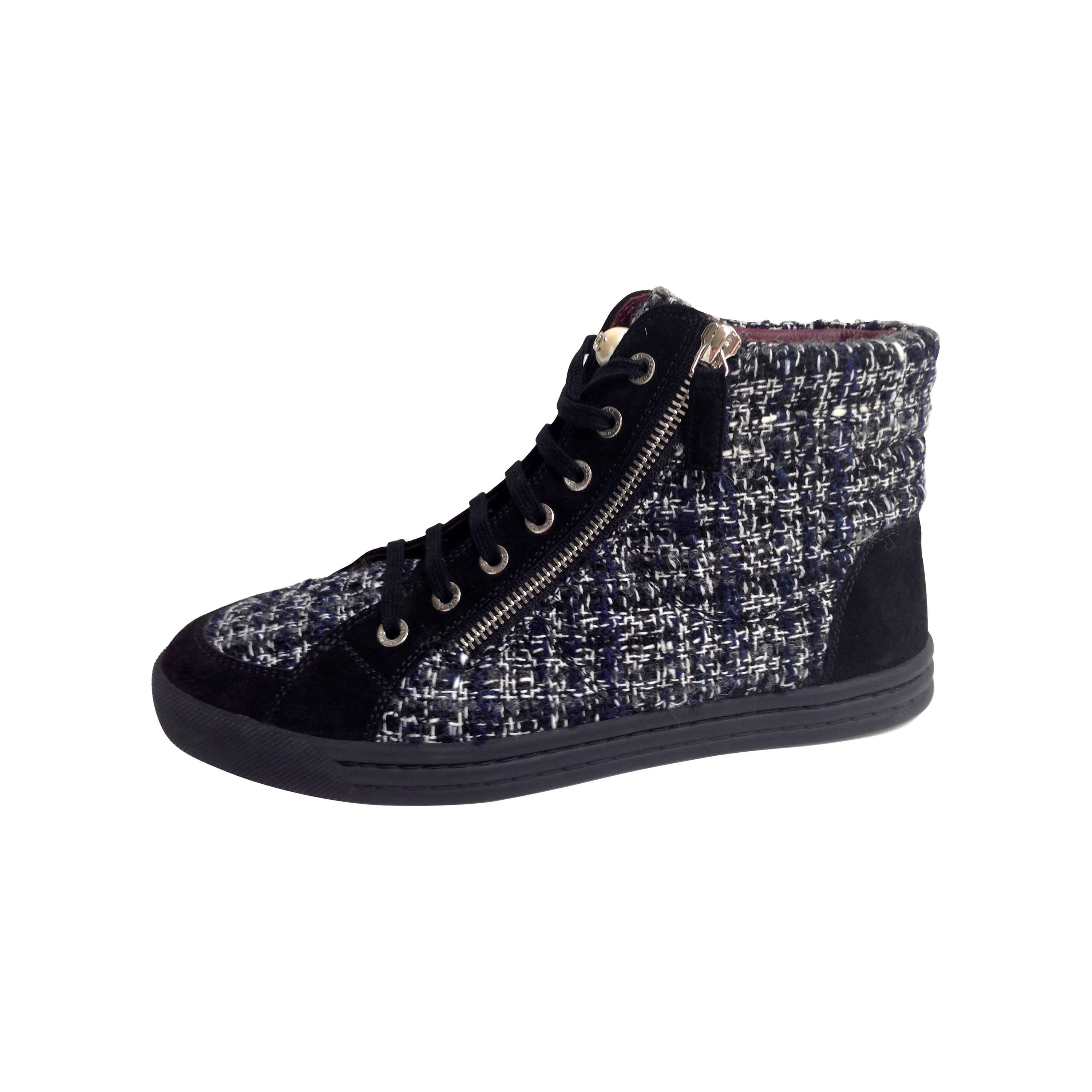 Chanel Lace Up Tweed CC Logo Pearl High Top Sneakers 