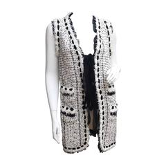 CHANEL 05P Black White Tweed Ribbon Trim Lesage Sleeveless Cardigan Sweater 42