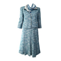 Retro Chanel Blue Boucle  Suit and Skirt Set ( 3 pcs) 