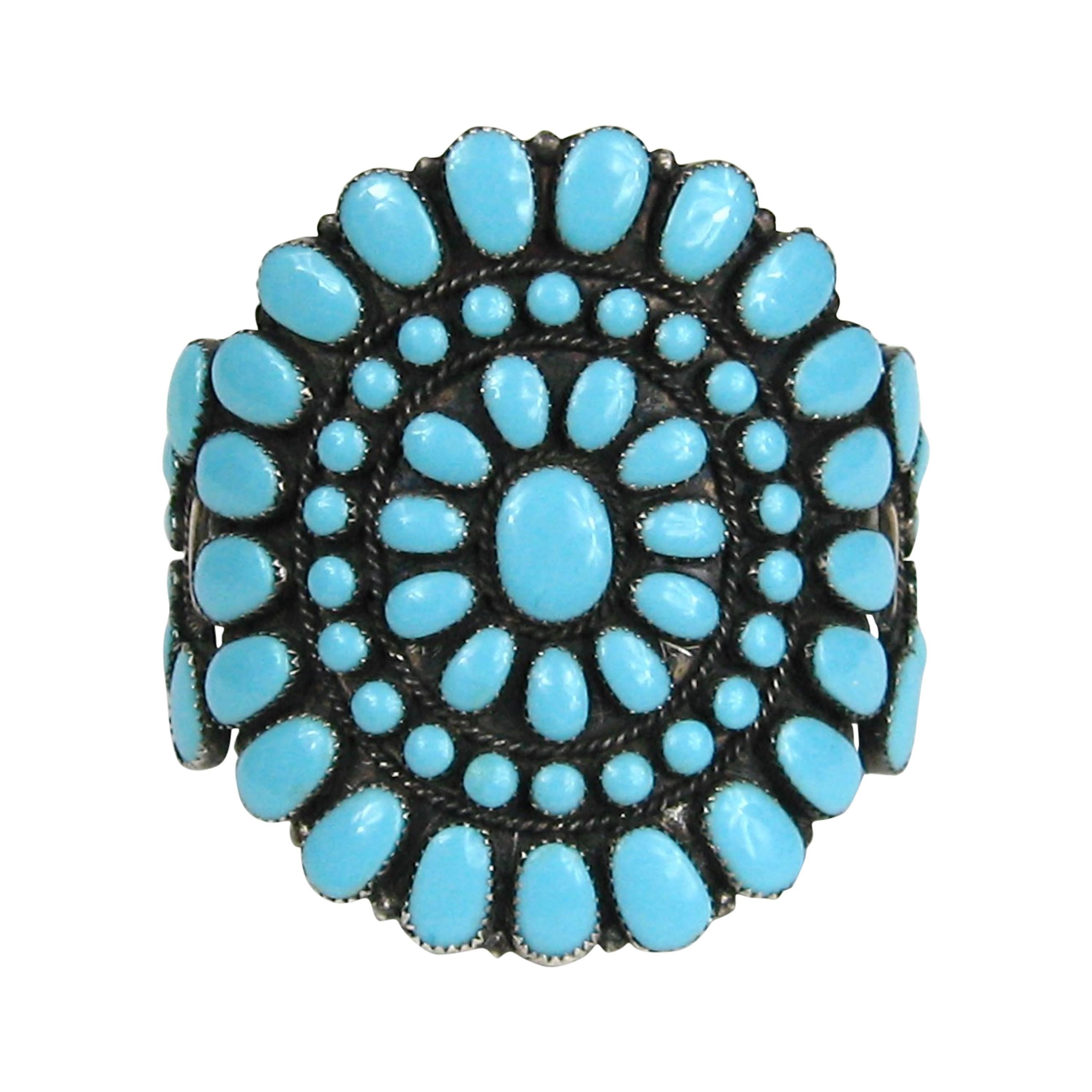 Turquoise Zuni Petit Point Cluster Cuff Bracelet from the 1960's