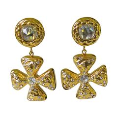 1980s Escada Maltese Cross Drop Crystal Earrings NEW old stock 5