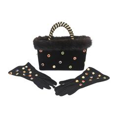 Rare Set Givenchy Doe Skin/Stones Gloves and Black Velvet Stone Evening Bag 2