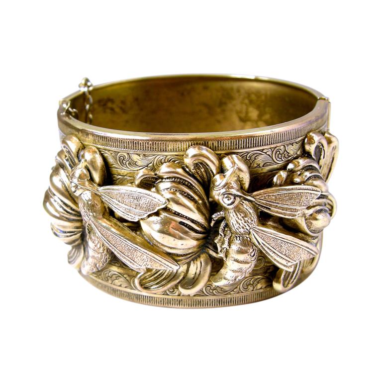 Vintage Heavily Carved Bumble Bee Flower Bracelet at 1stDibs