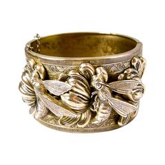 Vintage Heavily Carved Bumble Bee Flower Bracelet