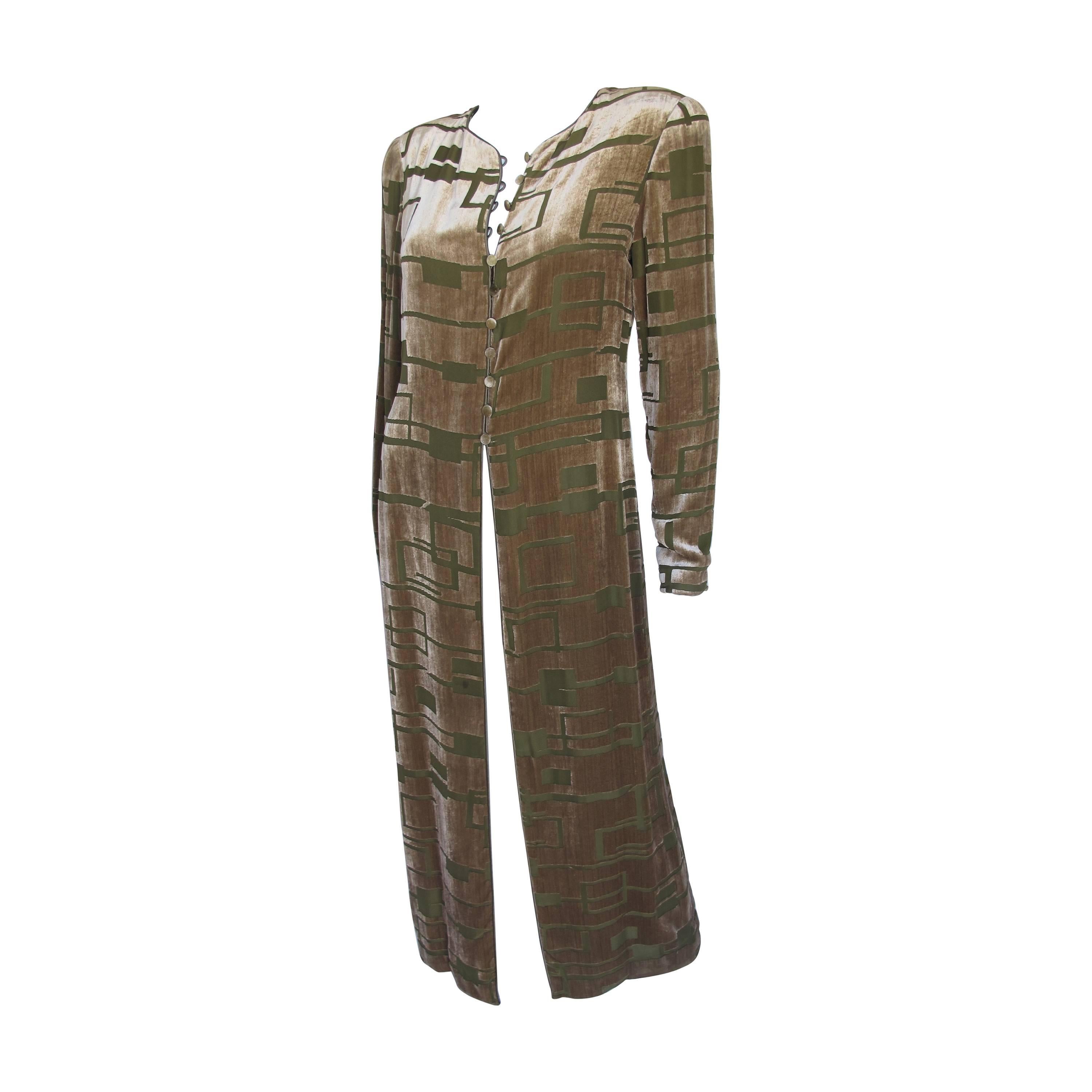 Oscar de la Renta Green Velvet Burnout Evening Robe Coat w/Geometric Pattern