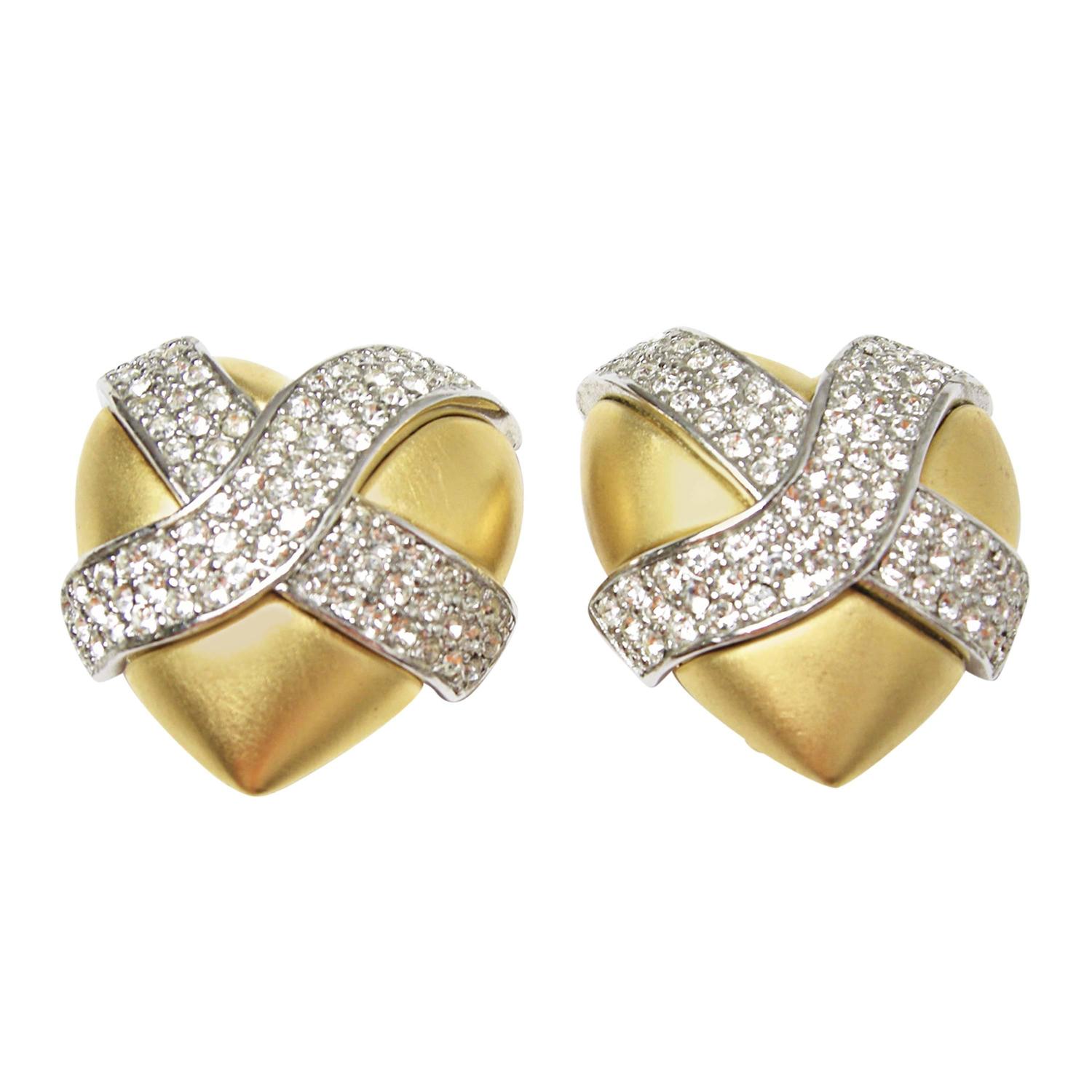 Vintage Signed Givenchy Heart Rhinestone Earrings For Sale at 1stdibs