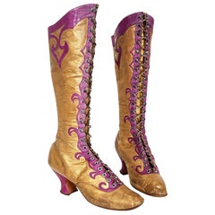 Vintage 1890's Cammeyer Couture Gold & Purple Leather Lace-Up Victorian Boots 