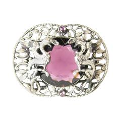 Vintage Deco Double dragon Amethyst Glass Sterling Silver Brooch Pin