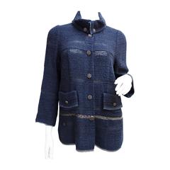 CHANEL Navy Tweed Triple Chain Pewter Buttons Jacket Size 38