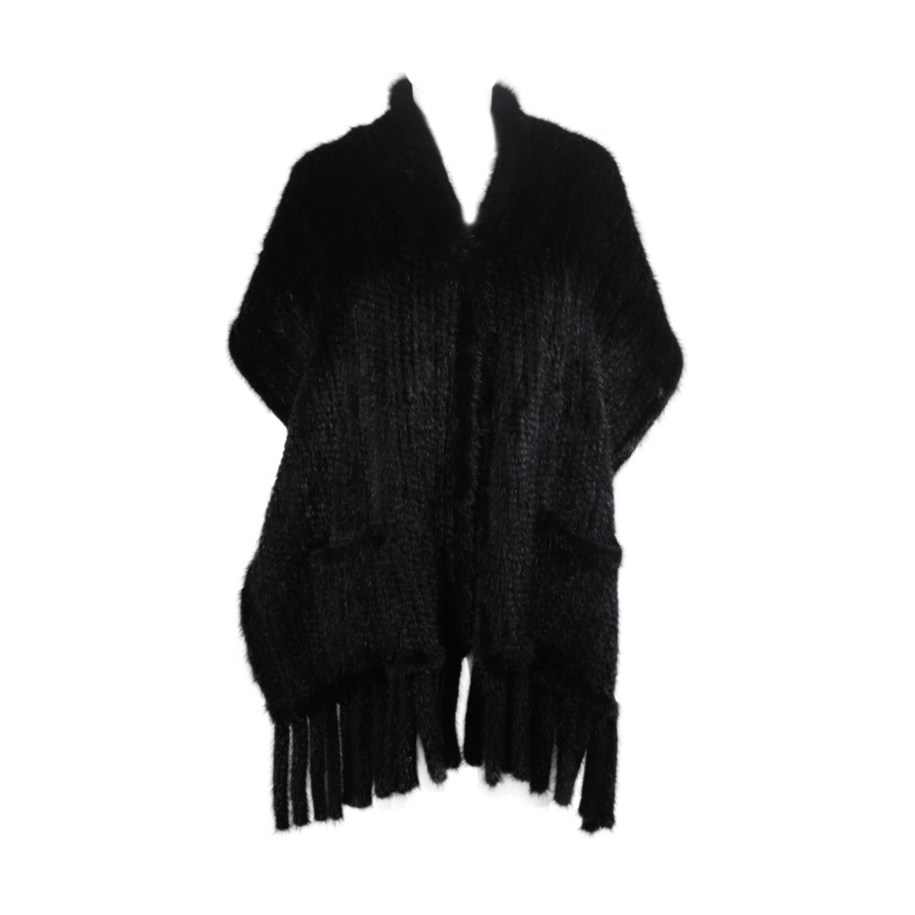 Dark Brown Ranch Mink Stole with Fringe and Pockets For Sale