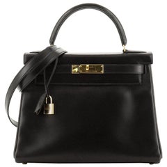 Hermes Kelly Handbag Noir Box Calf with Gold Hardware 28
