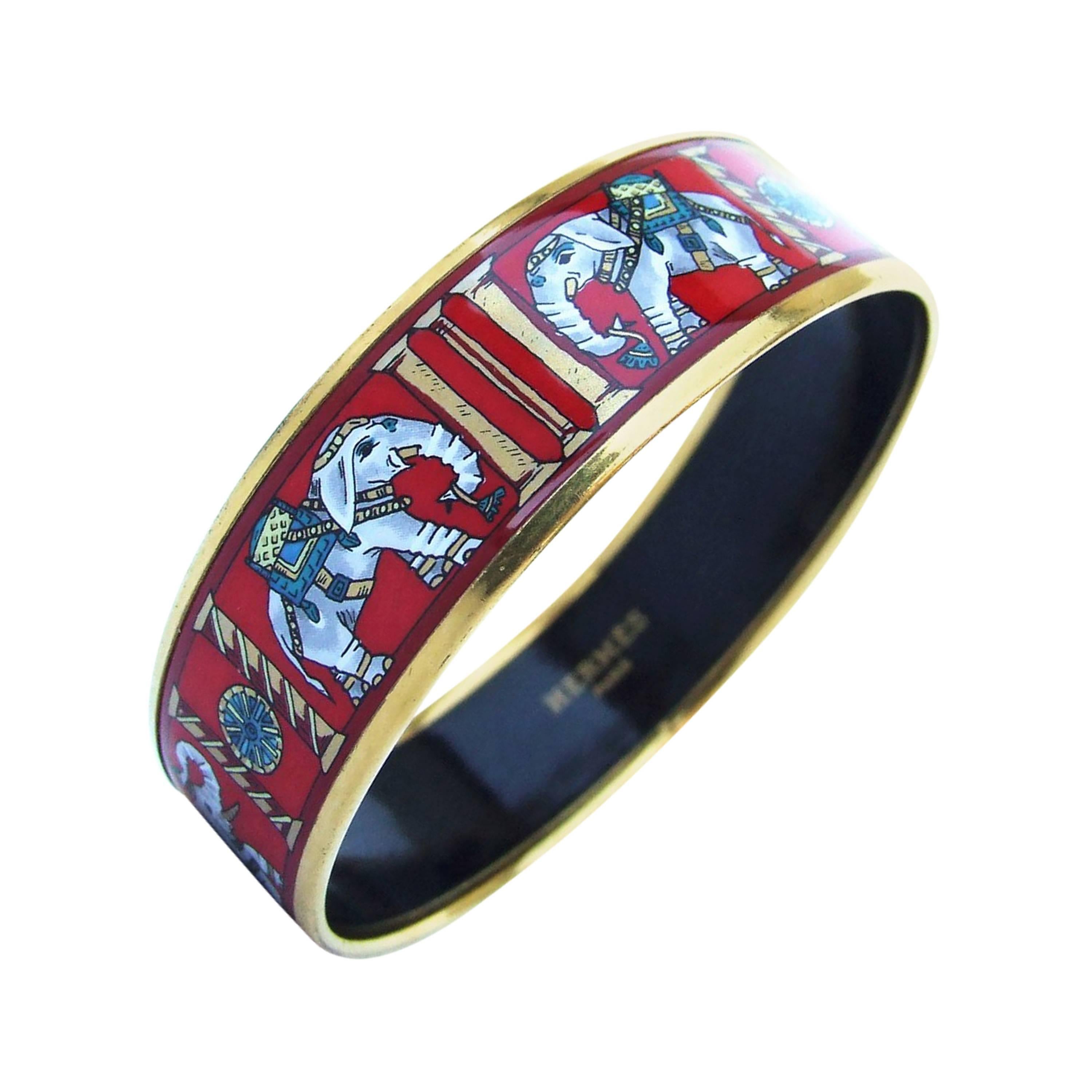 Authentic Hermes Enamel Bracelet Torana Elephants Red GHW PM 65