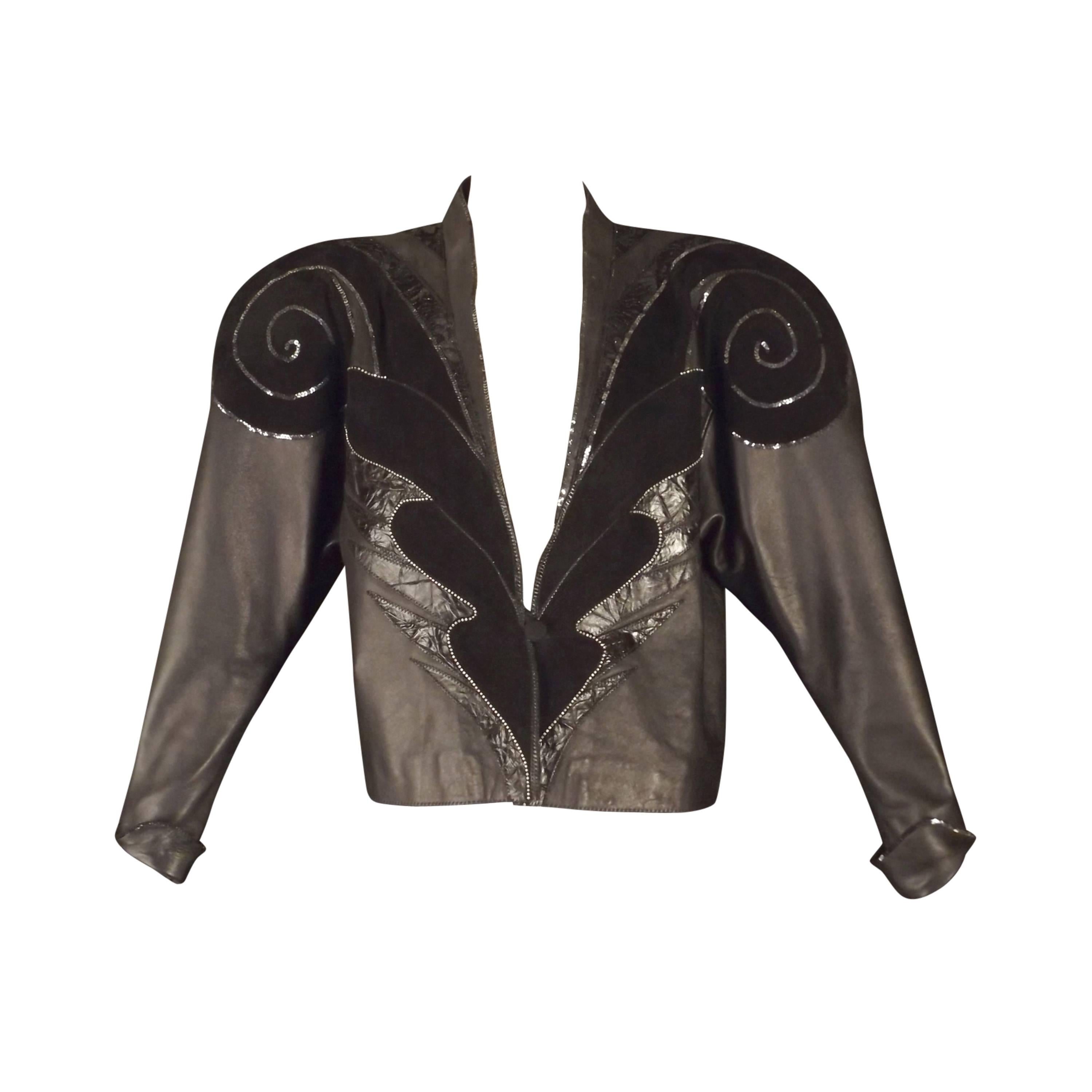 1980s Black Leather & Sequin Appliqué Roberto Cavalli Jacketl For Sale