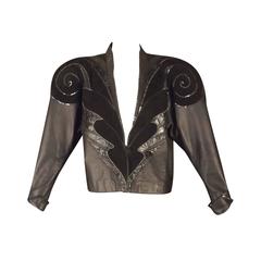 1980s Black Leather & Sequin Appliqué Roberto Cavalli Jacketl