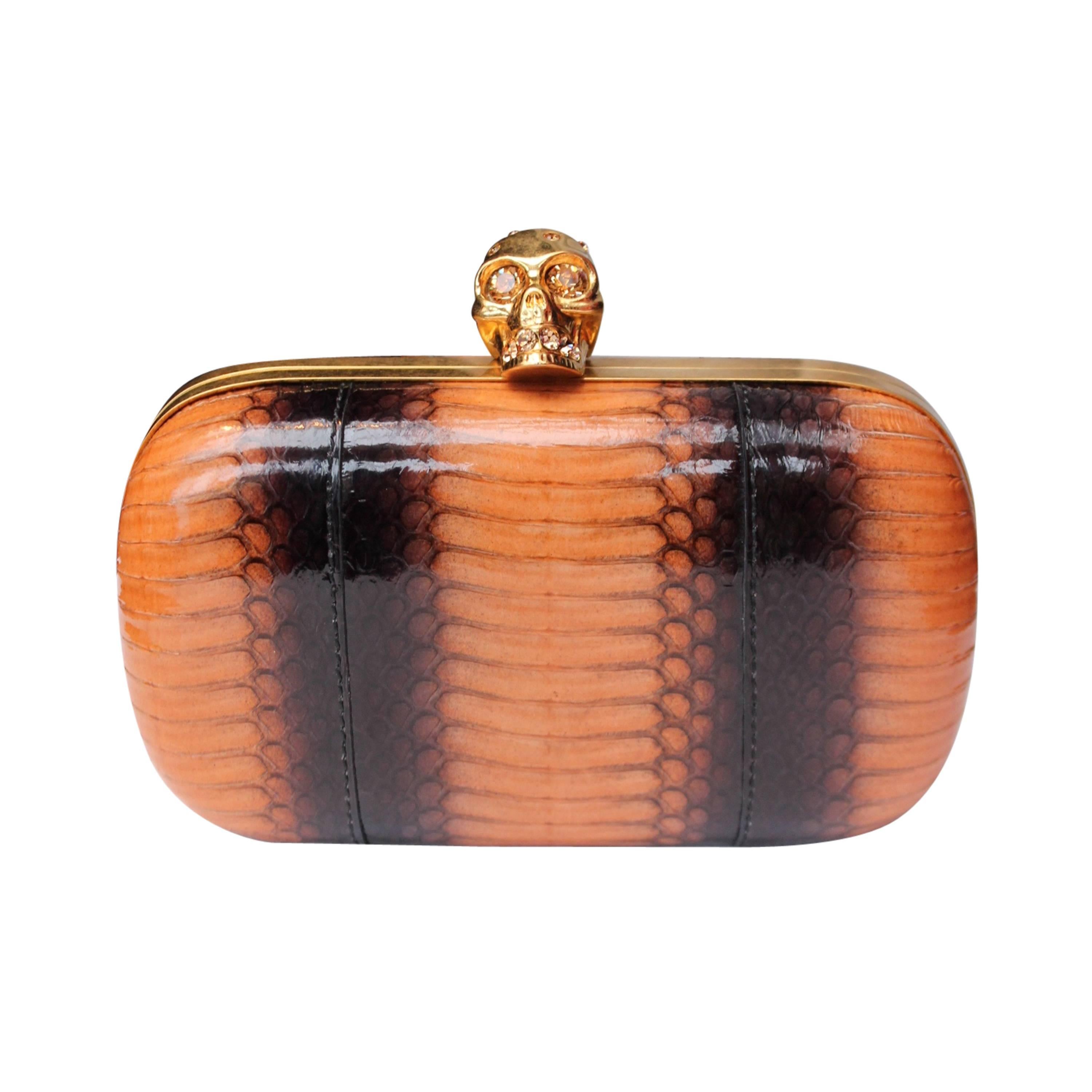 Alexander Mcqueen Skull Clutch with Orange and Brown Patent Snakeskin 