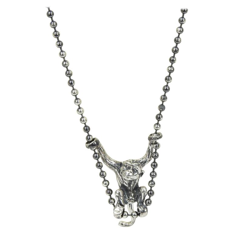 Swinging Sterling Silver Monkey on Long Chain Necklace For Sale at 1stdibs