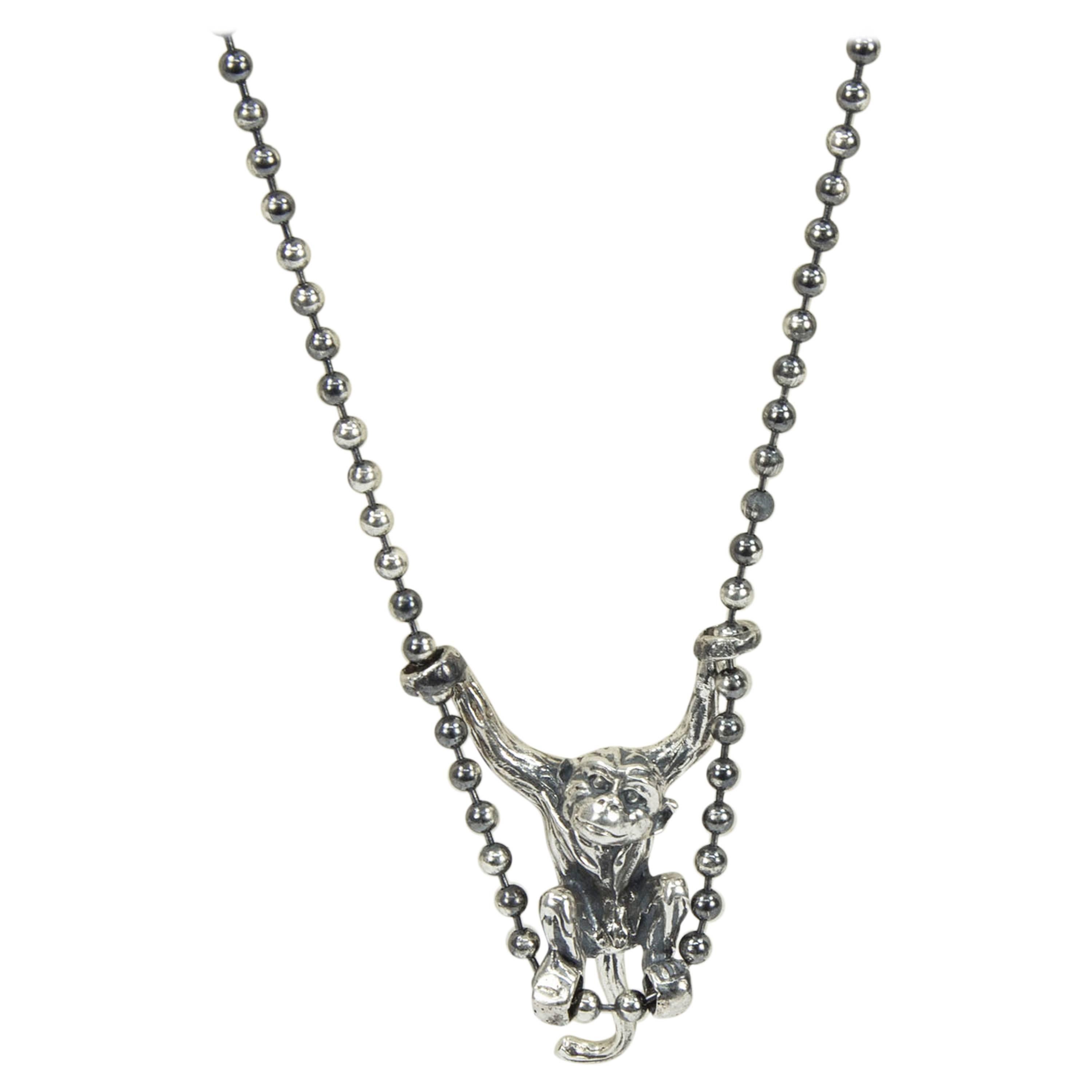 Swinging Sterling Silver Monkey on Long Ball Chain Necklace