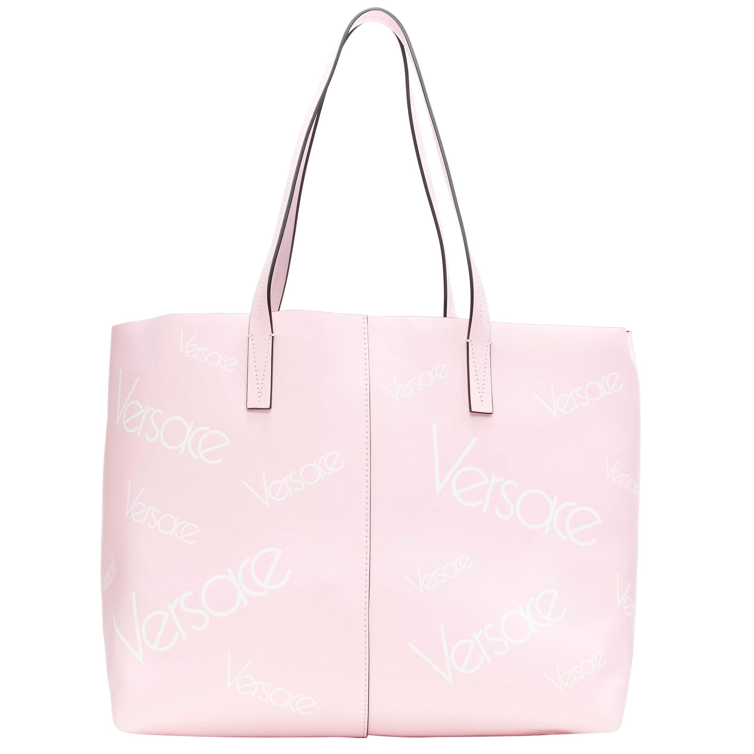 new VERSACE smooth calf leather light pink 90's logomania monogram printed tote