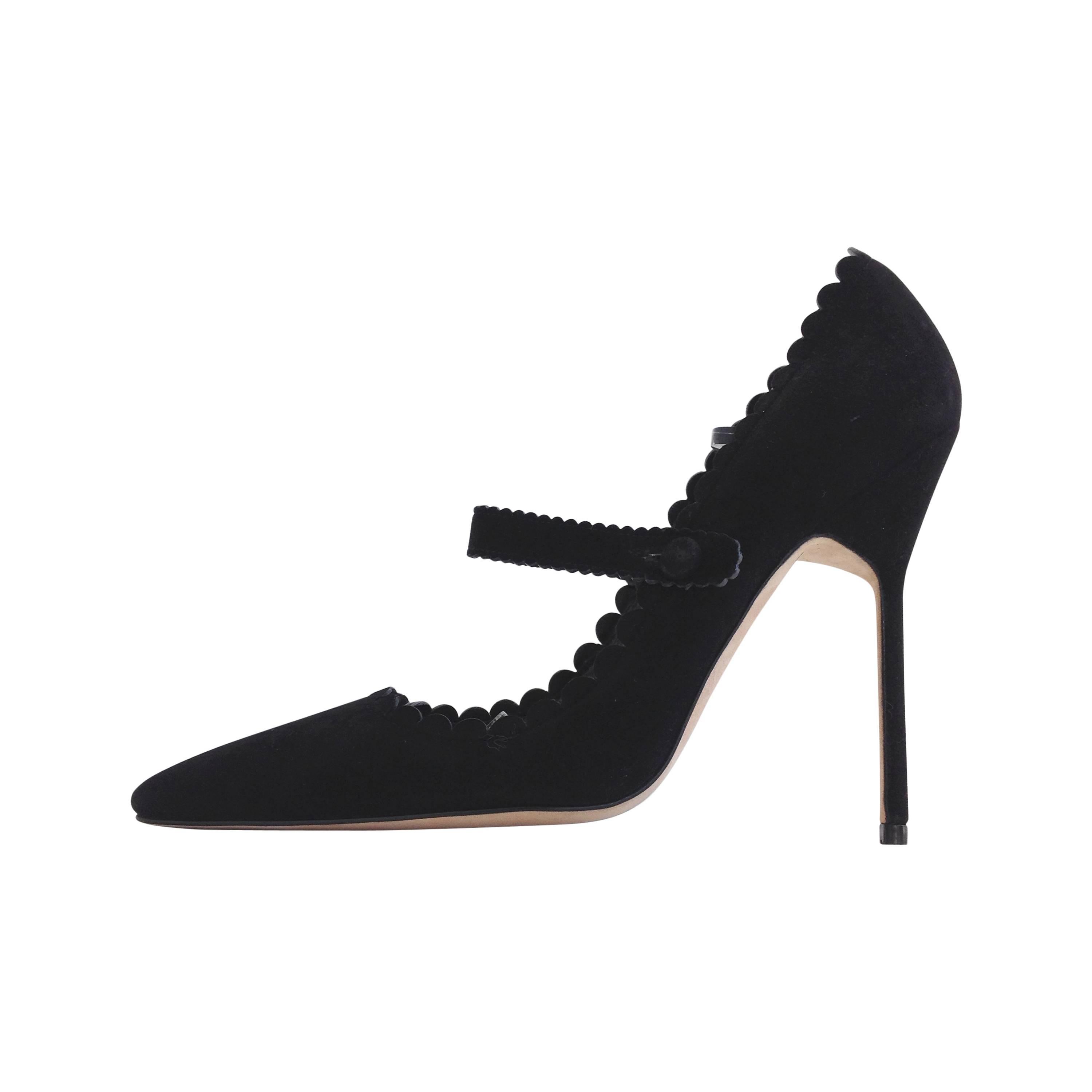 Manolo Blahnik Black Suede Scalloped Mary Janes