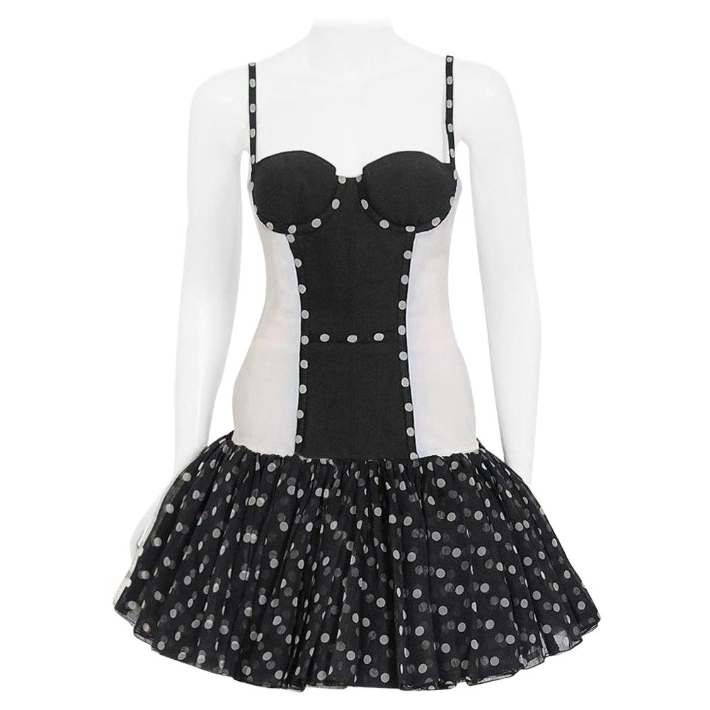Vintage 1990 Christian Dior Black White Polka-Dot Silk Bustier Plunge Mini Dress