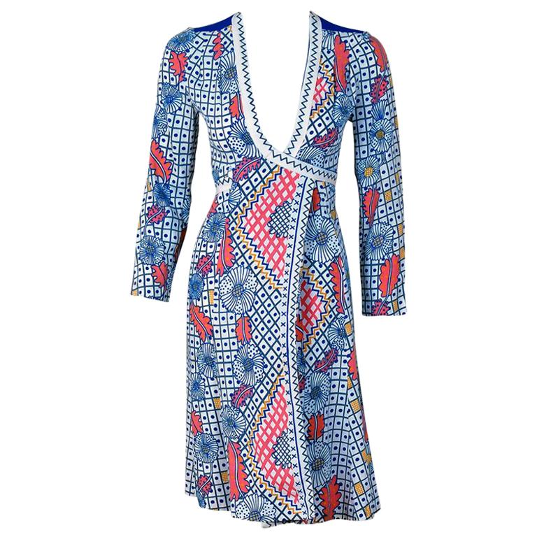 1974 Ossie Clark Colorful Celia Birtwell Print Cotton Low-Plunge Wrap Dress