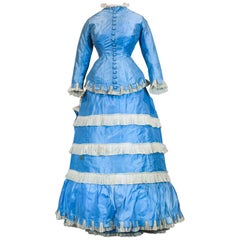A French Victorian Bustle Day Dress and Pouf in Sky-blue Taffeta Circa 1875