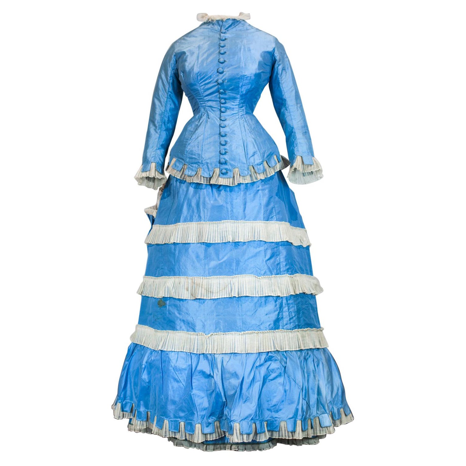 A French Victorian Bustle Day Dress and Pouf in Sky-blue Taffeta Circa 1875