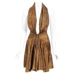 Vintage 1987 Azzedine Alaia Documented Golden Print Silk Backless Halter Dress