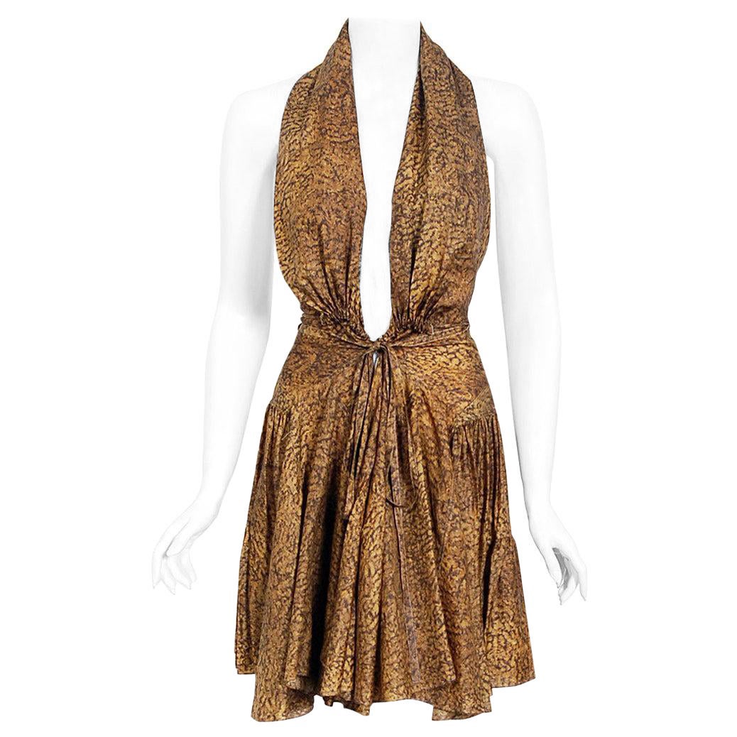 Vintage 1987 Azzedine Alaia Documented Golden Print Silk Backless Halter Dress