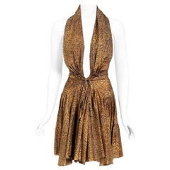 Retro 1987 Azzedine Alaia Documented Golden Print Silk Backless Halter Dress