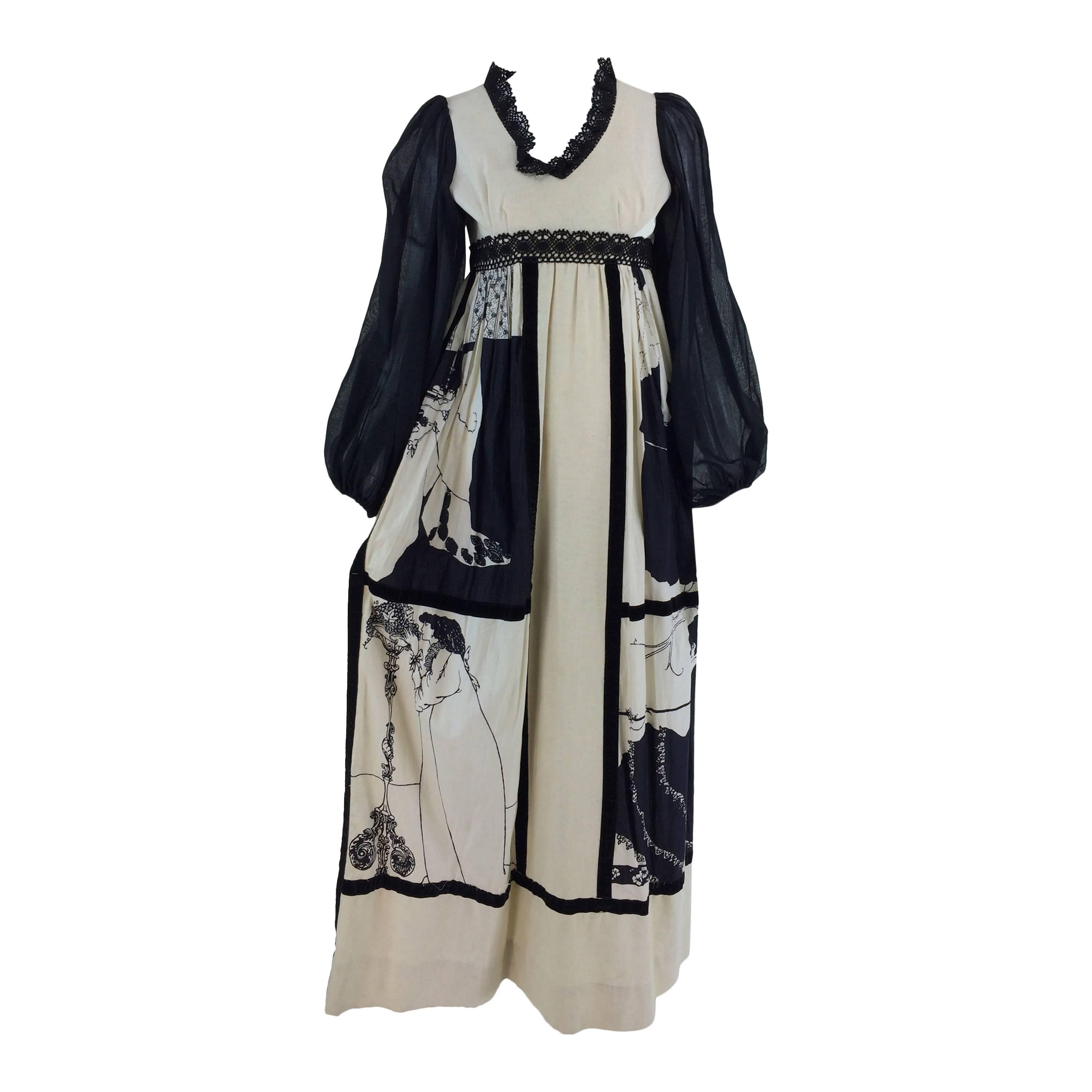 Novelty print Aubrey Beardsley by Charm of Hollywood 1960s maxi dress