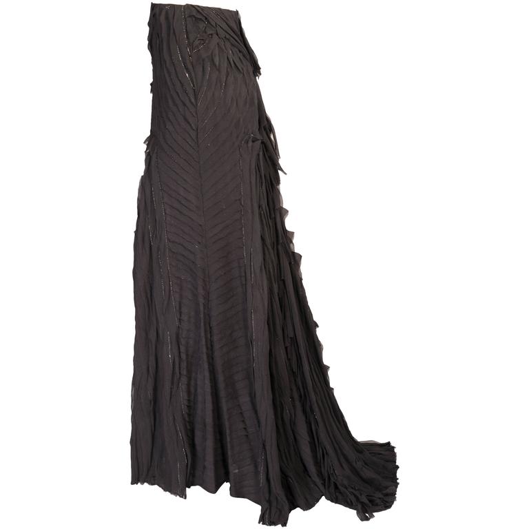 Naeem Khan Tucked Black Silk Chiffon Evening Skirt with Metallic ...