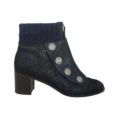 Chanel Black and Navy Suede Bootie with Knitted Top - 39.5
