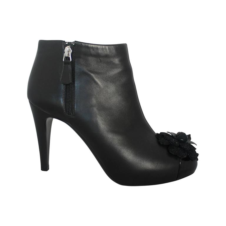 Chanel Black Leather Heeled Booties with Front Camellia - 40 For Sale