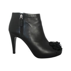 Chanel Black Leather Heeled Booties with Front Camellia - 40