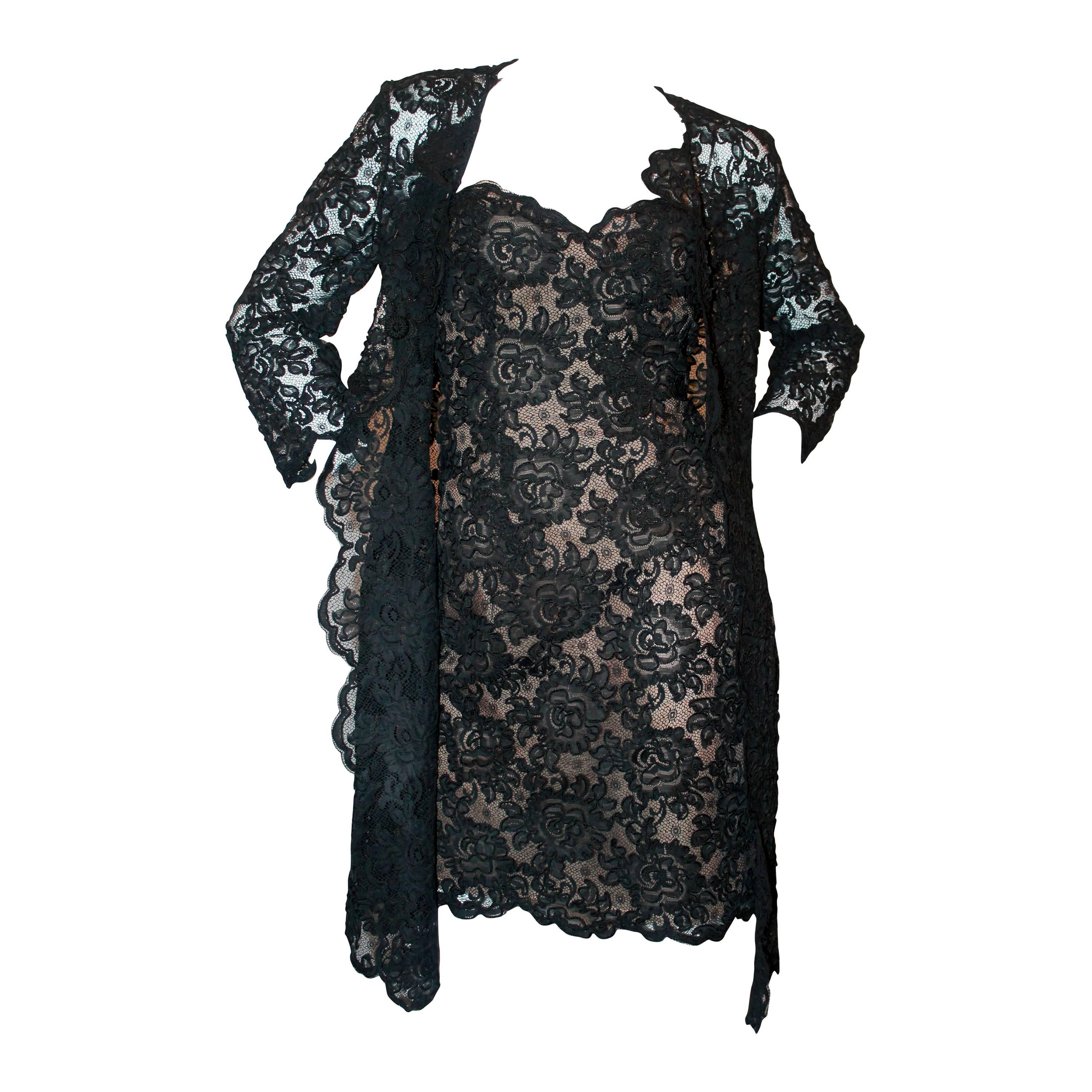 Oscar de la Renta 1990's Vintage Black Lace Soutache Dress & Coat - M