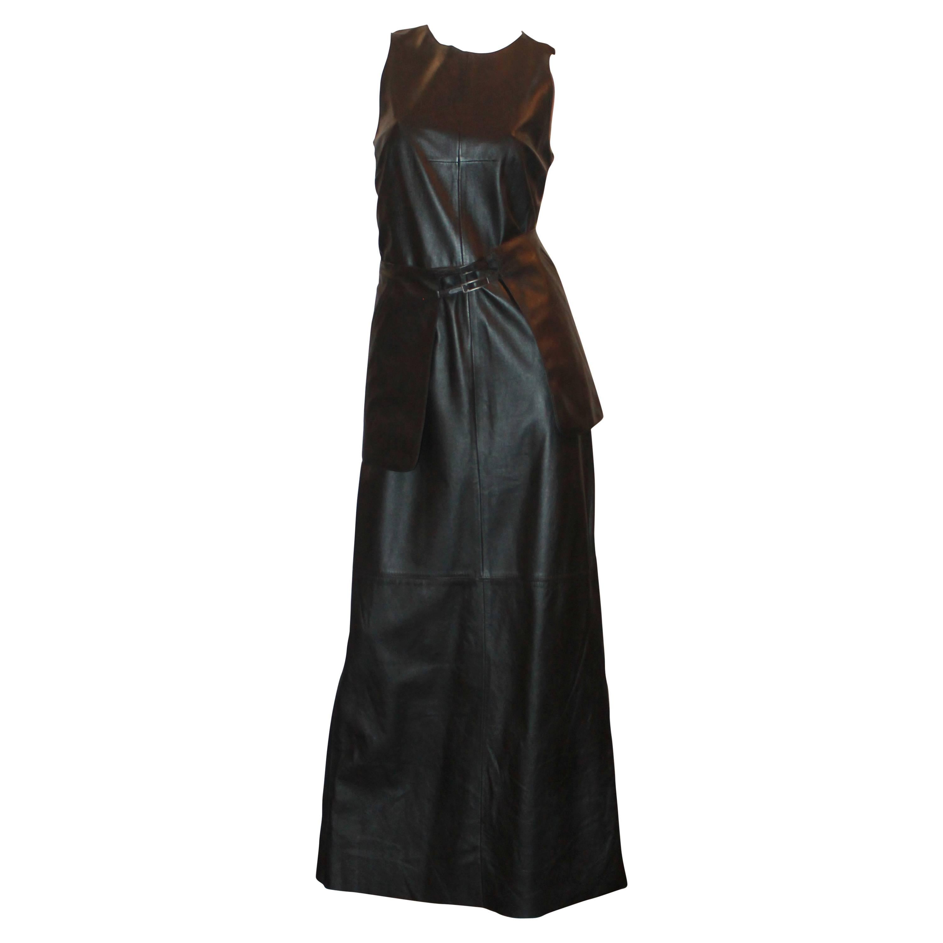 John Bartlett 1990's Chocolate Brown Leather Long Dress with Skirt Belt - 42