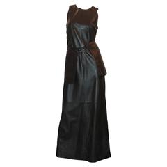 John Bartlett 1990's Chocolate Brown Leather Long Dress with Skirt Belt - 42
