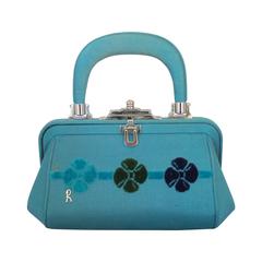 Roberta di Camerino 1990's Retro Small Blue Fabric Bag with Flower Design