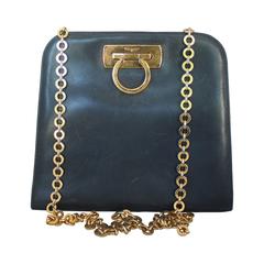 Ferragamo Navy Leather Square Clutch/Cross Body Bag - GHW - Circa 80's 2