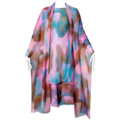 Judy Hornby para Neiman Marcus Vestido Vintage de Seda Pintado a Mano + Conjunto Envolvente